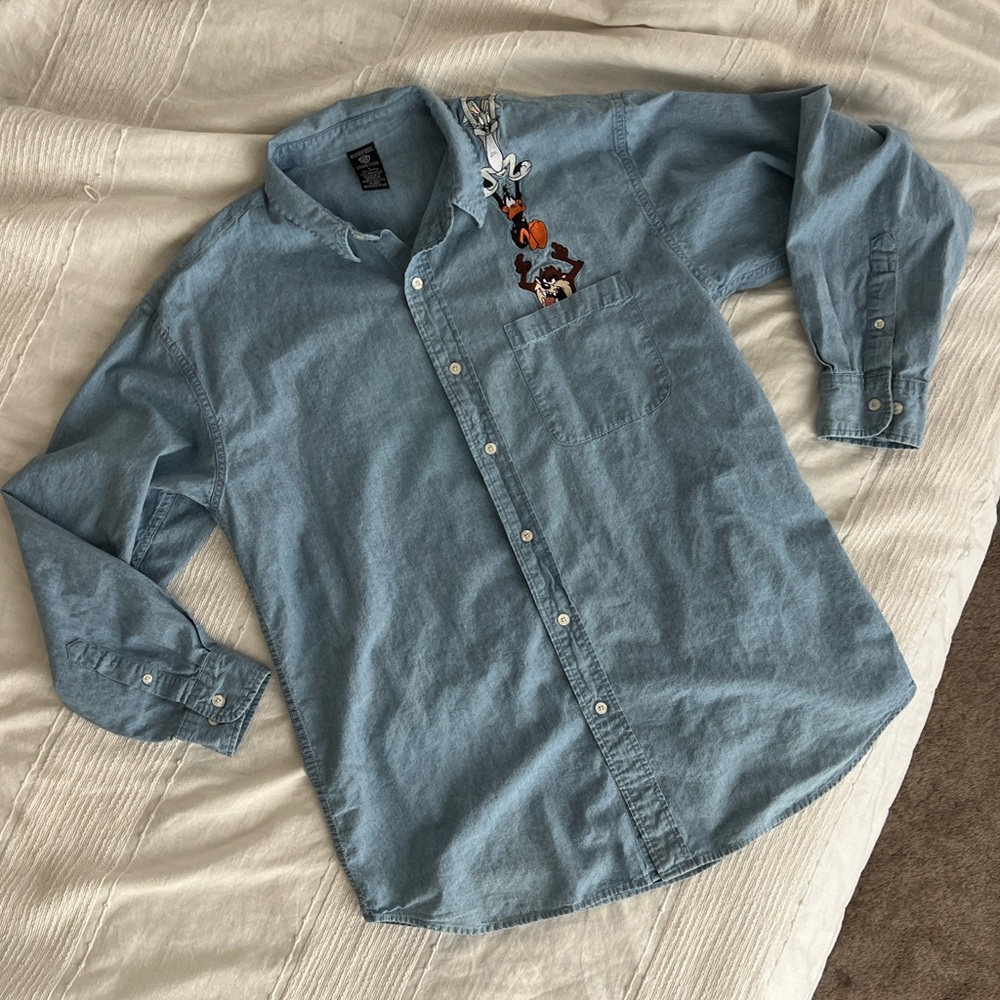 VTG 1998 Looney Tunes Warner Bros Studio Denim-like Button Up